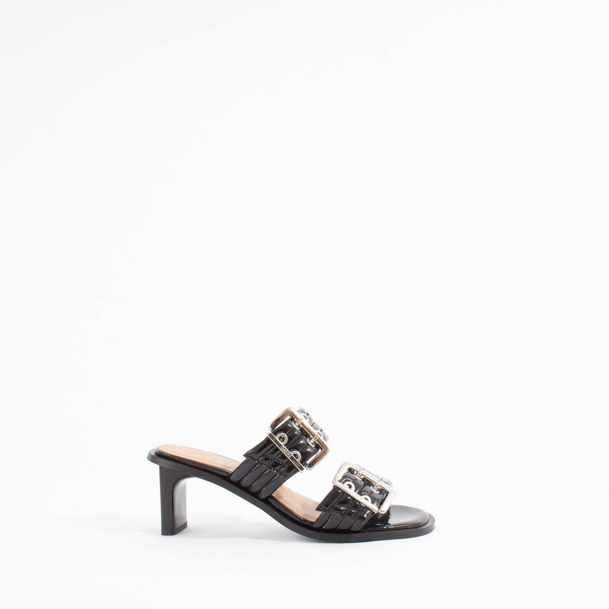 FEMININE BUCKLE HEEL MULE SANDAL | BLACK